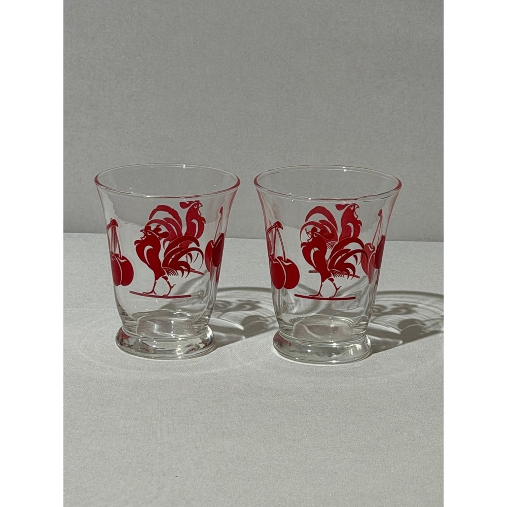 Vintage Hazel Atlas Red Rooster and Cherry Juice Glasses Set of 2 Retro MCM